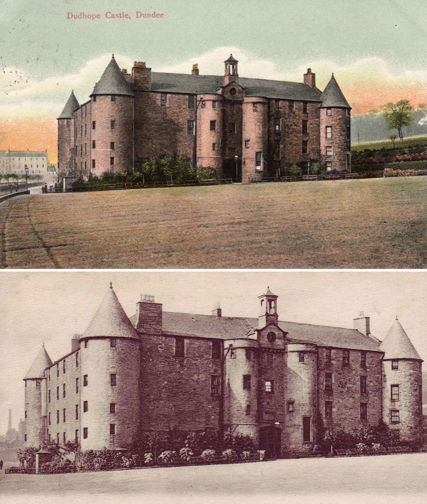 Older images showing how Dudhope Castle looked in the past as army barracks and a woolen mill.