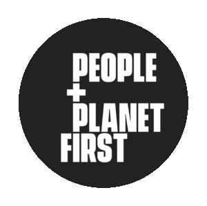 people and planet first logo - a black circle with white text that says "people + planet first" on it